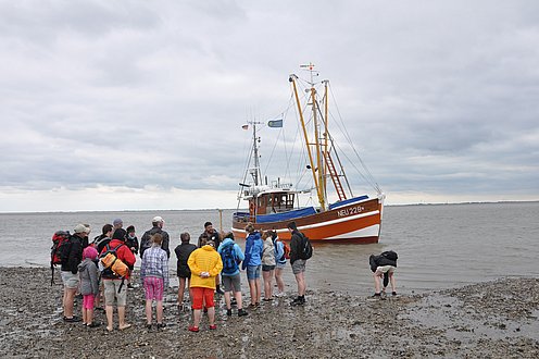 Eine Gruppe von WattwanderInnen steht vor einem Fischerboot