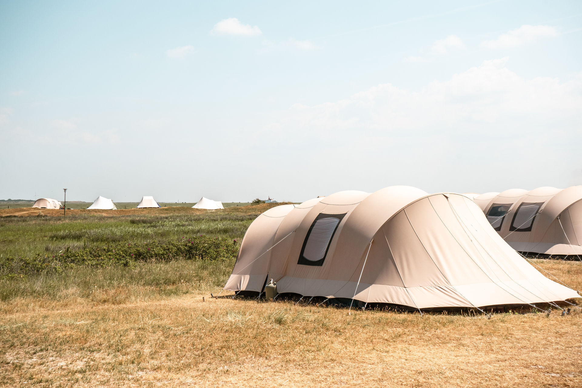 Zwei Zelte stehen im Vordergrund und weitere im Hintergrund auf dem Zeltplatz Spiekeroog.